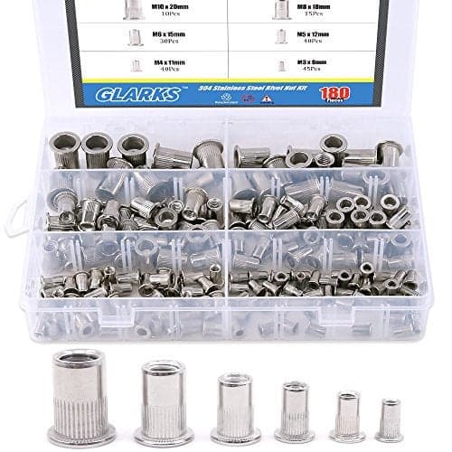 Glarks 180pcs M3M4M5M6M8M10 Flat Head Rivet Nut Assortment Kit Stainless Steel Insert Rivnut Threaded Rivet Nuts Metric Rivnut for Automotive Furniture Home Appliances
