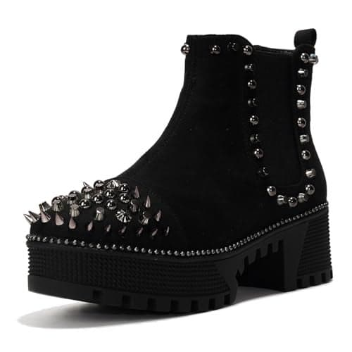Cape Robbin Women's Platform Combat Boots Pull-on Ankle Booties, Studded Goth Punk Boots with Spiky Design & Chunky Heel (Spiky) - Black Size 8
