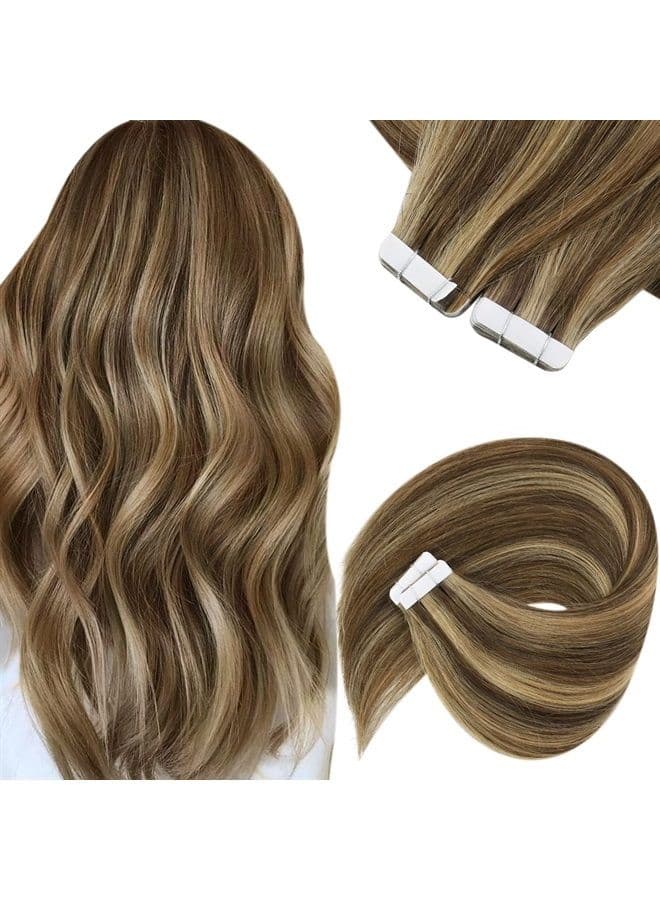 Sunny Tape in Hair Extensions Human Hair Brown Highlights Tape on Hair Extensions Dark Brown Highlights Caramel Blonde Tape in Extensions Highlight 50g 14inch