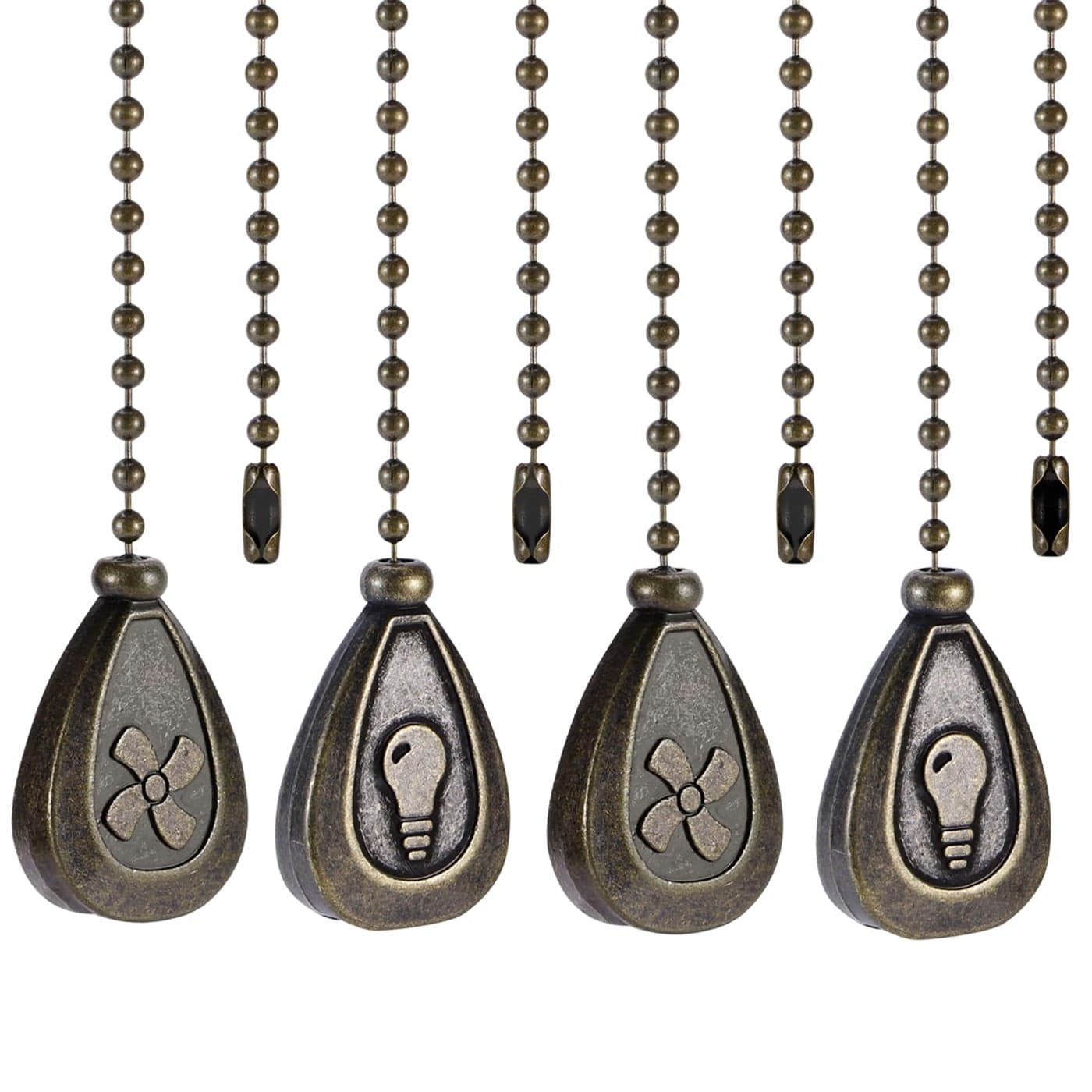 4 Pack Bronzed Ceiling Fan Pull Chain Extension 12 Inches Classic Drop Shaped Pendant Pull Chains for Ceiling Fans and Lights Decorative Fan Pulls Extenders with Connector 2 light and 2 fan