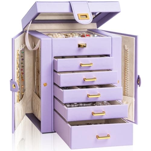AKOZLIN Jewelry Box Organizer Functional Leather Jewelry Storage Case for Women Girls Ring Necklace Earring Bracelet Holder Organizer with Mirror Purple