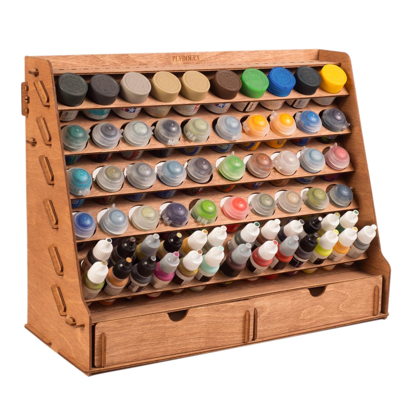 Plydolex Wooden Paint Rack Organizer with 65 Holes of 2 Sizes for Citadel Vallejo Tamiya Paint Bottles 30 Holes for Painting Brushes and 2 Drawers for Miniature Tools Works for Wall and Desk Use