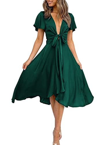 miduo Womens Dress Satin Summer V Neck Cap Short Sleeve Dress Tie Front High Waist Midi A-Line Party Maxi Dresses Green S