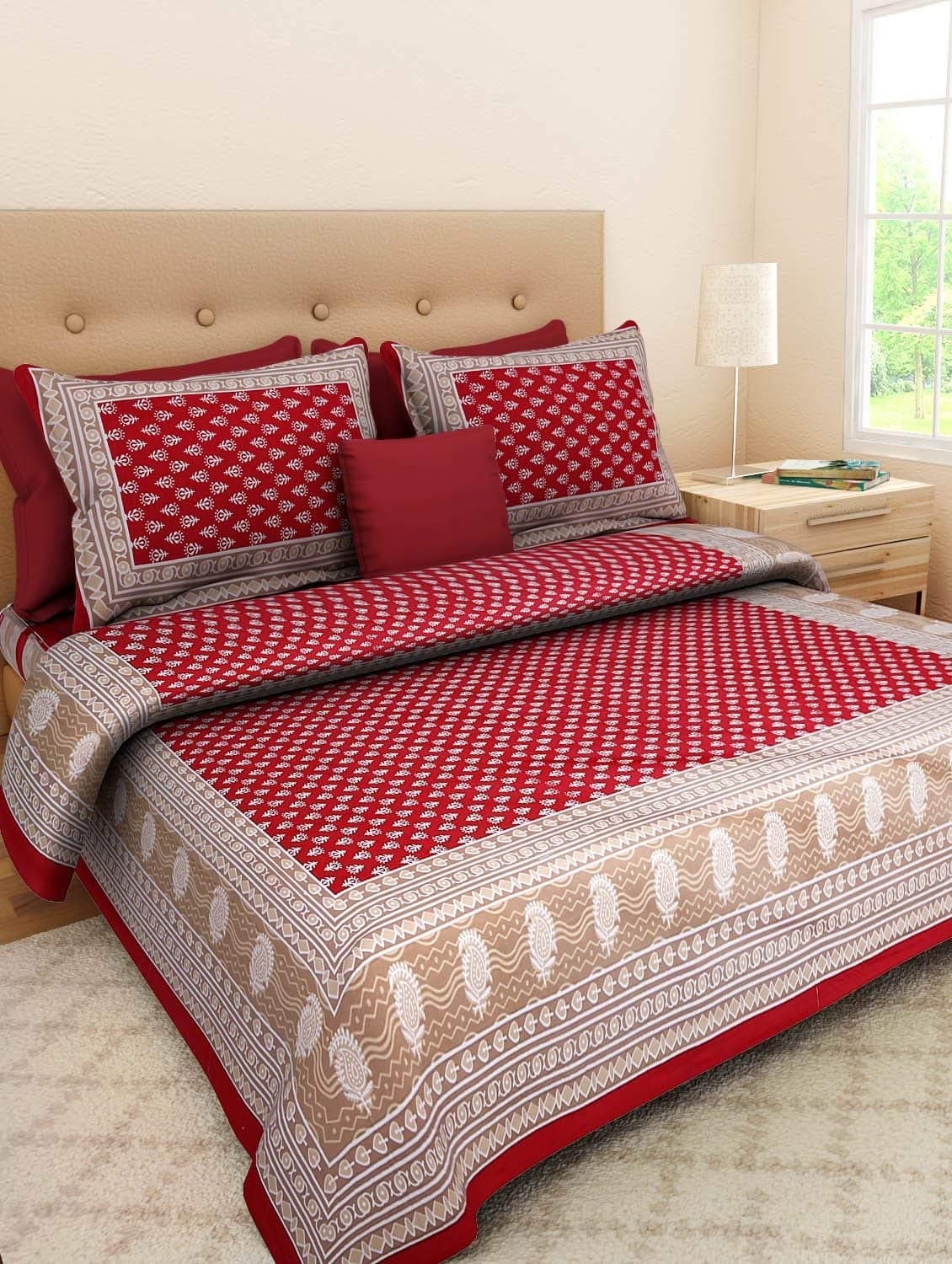 Monik Handicrafts Cotton 144 TC 100% Cotton Double Bedsheet with 2 Pillow Covers - Red (Red, Queen)