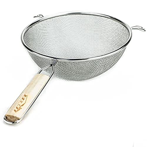 Huji 8-Inch Stainless Steel Double Mesh Food Strainer Colander - Fine Sieve Sifter with Wooden Handle for Kitchen Cooking, Pasta, Rice, Noodles, and More