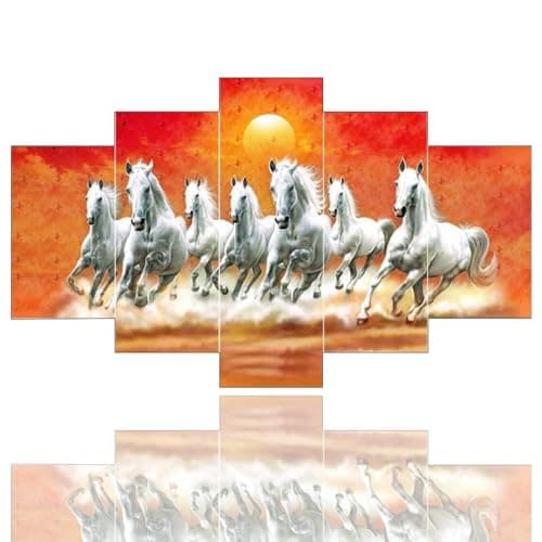 Masstone Seven Horses Vastu Painting | Seven Horses Wall Decor (30x17 Inch) | 7 Horses Vastu Frame | Wall Painting for Bedroom Set of 5 | Seven Running Horses With Sunrise Painting