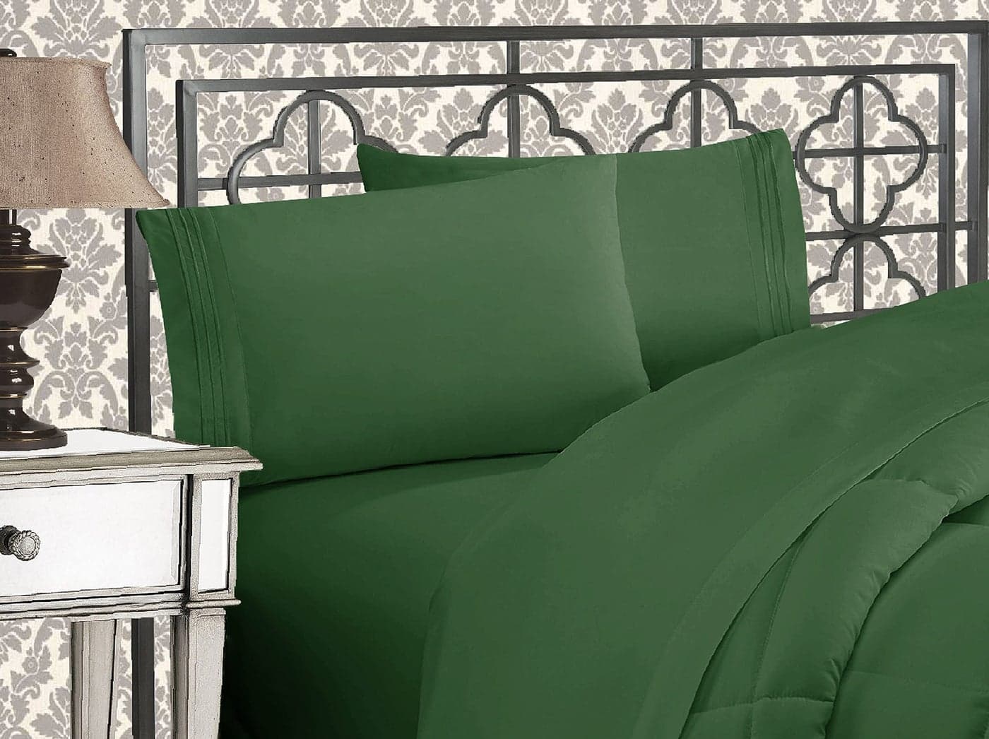 Elegant Comfort Luxurious 1500 Premium Hotel Quality Microfiber Three Line Embroidered Softest 4Piece Bed Sheet Set Wrinkle and Fade Resistant Queen Hunter Green