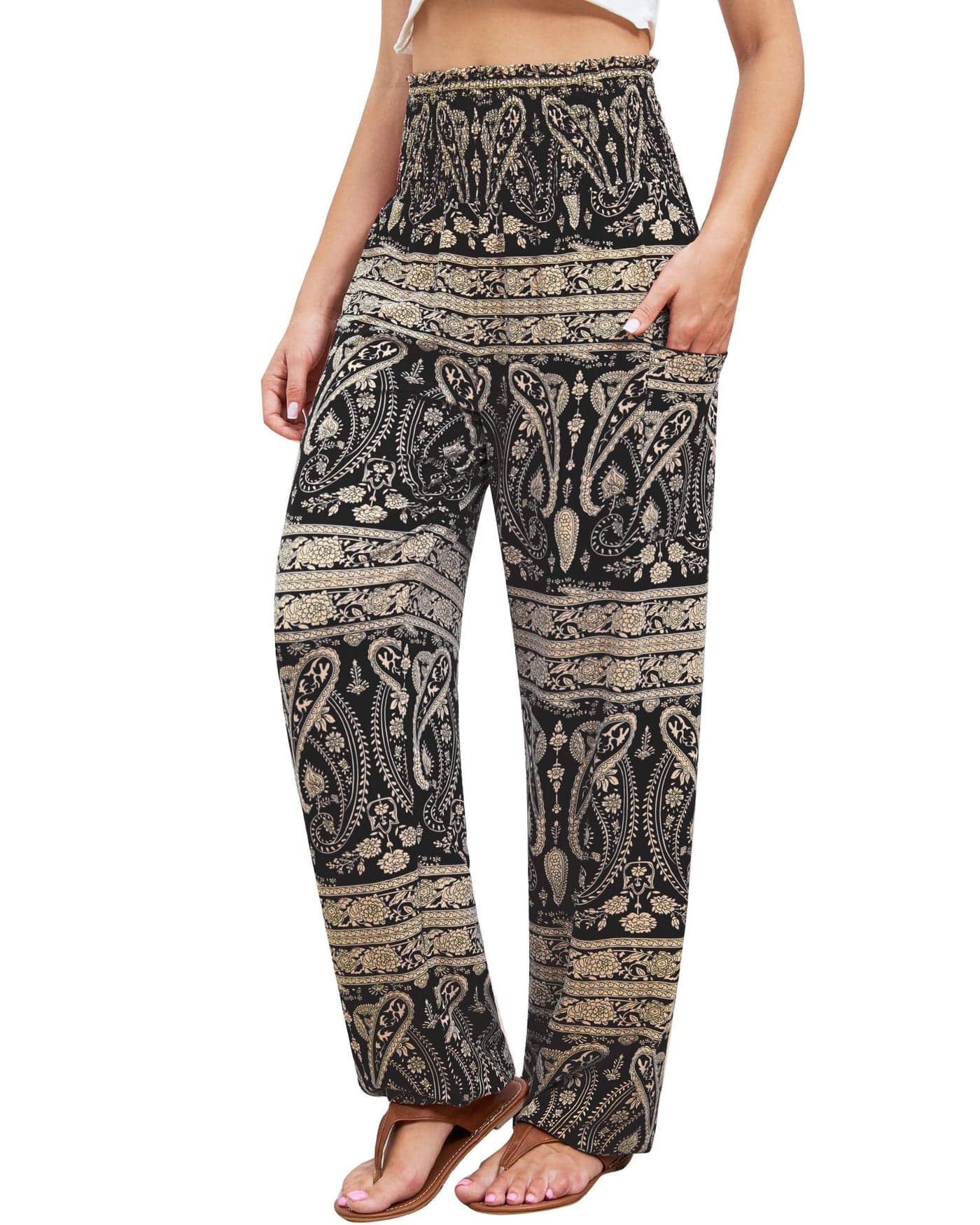 QIANXIZHAN Women's Harem Pants, High Waist Yoga Boho Trousers with Pockets Black Striped Flower XL