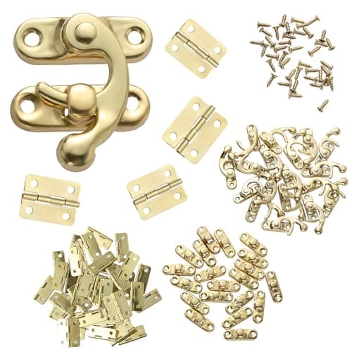 300-Piece Jewelry Box Hardware Set, Includes 40 Jewelry Box Hinges 20 Antique Right Latches Hook Hasps 240 Replacement Screws, Small Decorative Hinges for Wooden Box Cabinet (Brass Color)