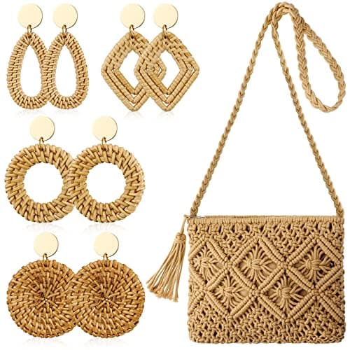 Reginary 9 Pcs Straw Clutch Purse for Women Summer Beach Straw Bag Rattan Earrings Set Boho Crossbody Bag Woven for Vacation