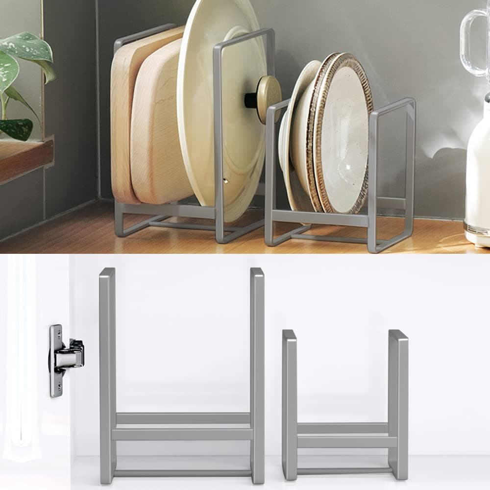 MINGFANITY 4PCS Plate Holders Organizer Metal Dish Storage Dying Display Rack for Cabinet Counter and Cupboard Grey2 Small and 2 Large