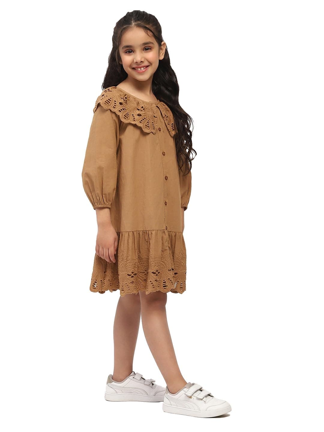 SPUNKIES Girls Cotton Midi Dress | Stylish Dress with Embroidered Hem & Ruffled Collar | Soft & Comfortable for Kids | Trendy A-Line Knee-Length Dress with 3/4 Sleeves Brown