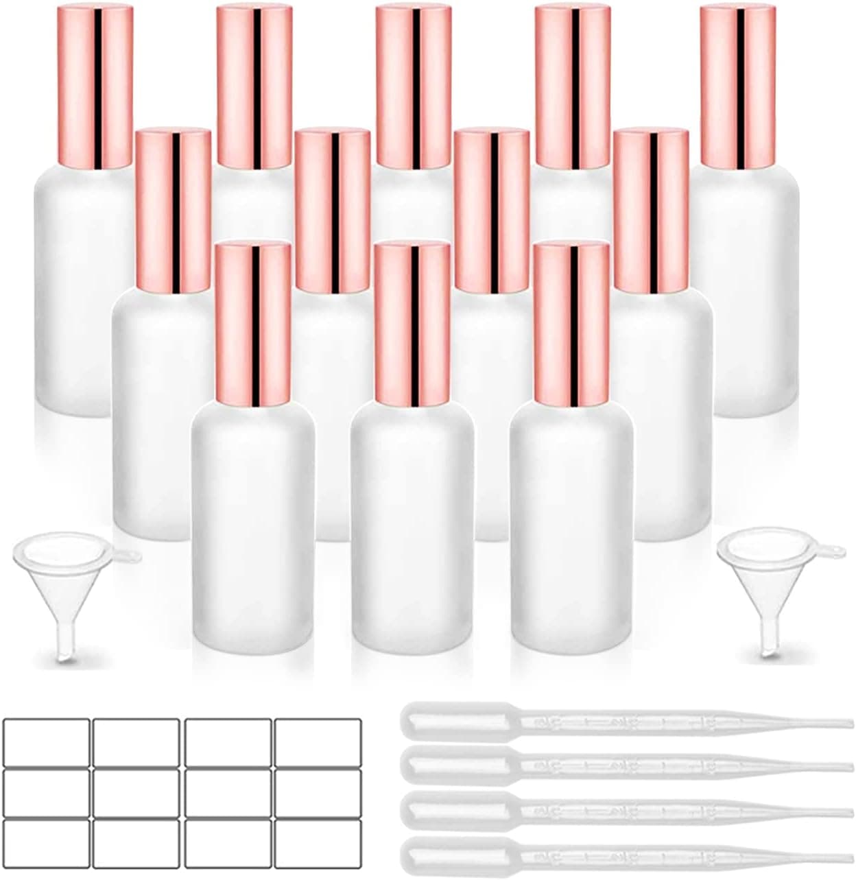 12 Pack,2 Oz Frosted Fine Mist Atomizer,Empty Glass Spray Bottles With Rose-Golden Pump Cap,Protable Travel Liquid Holder Containers for Perfume,Essential Oils-Stickers,Pipette&Funnel Included