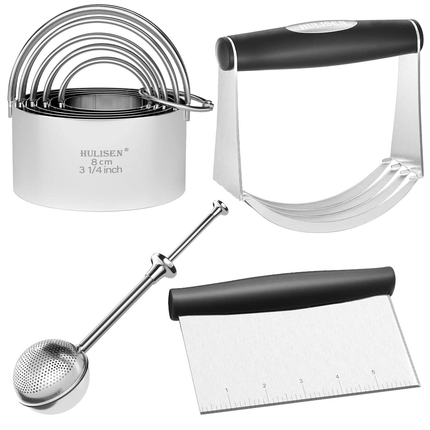 HULISEN Stainless Steel Biscuit Cutter Set Flour Duster Pastry Scraper and Dough Blender Sturdy LongLasting with Ergonomic Rubber Grip Professional Baking Dough Tools Gift Package 4 PcsSet