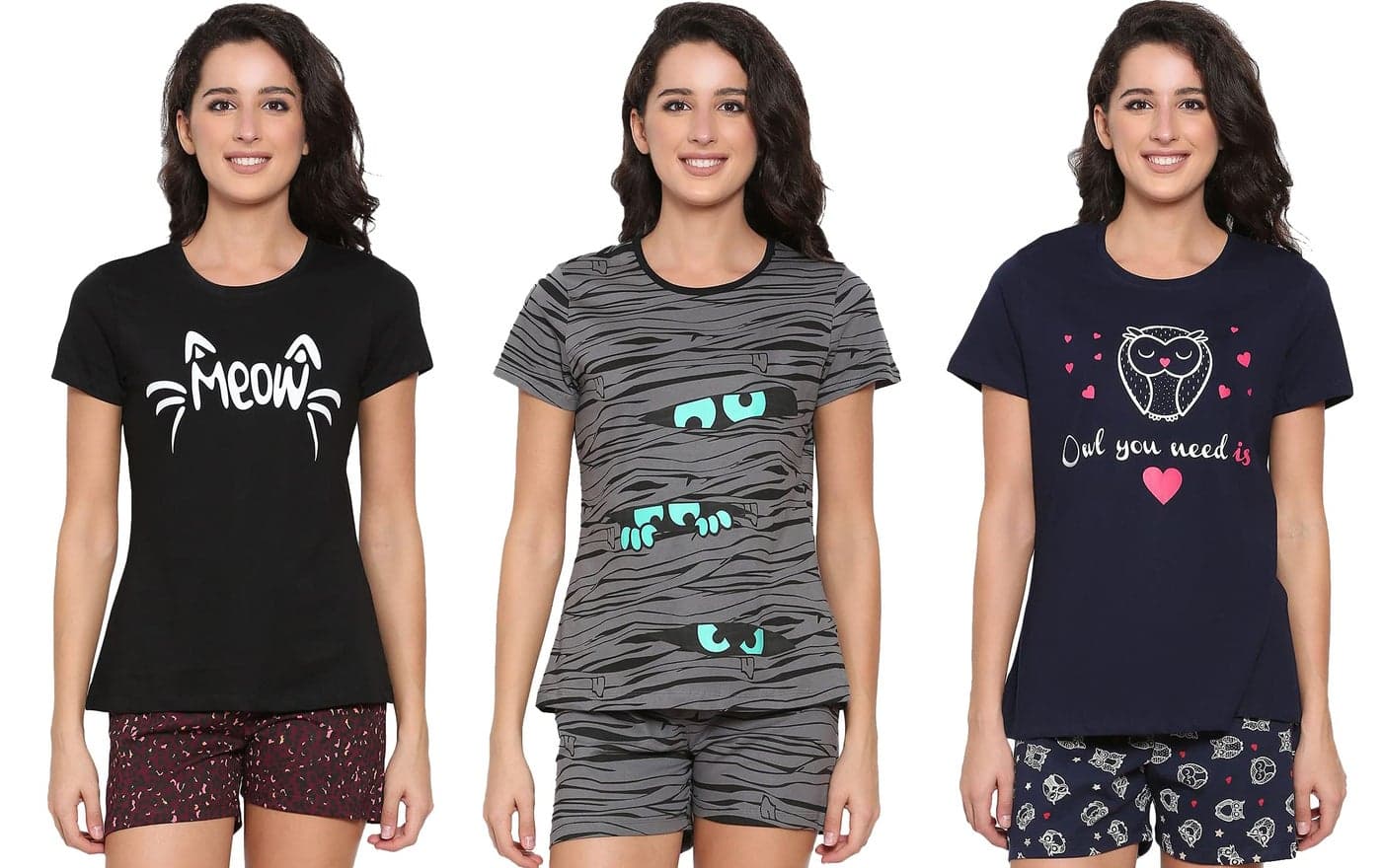 Real Basics Women's Cotton Printed Top And Shorts Set(Rb-W-Shortset-L-P3-Meowgreyowl_Set1_Large, Pajamas)