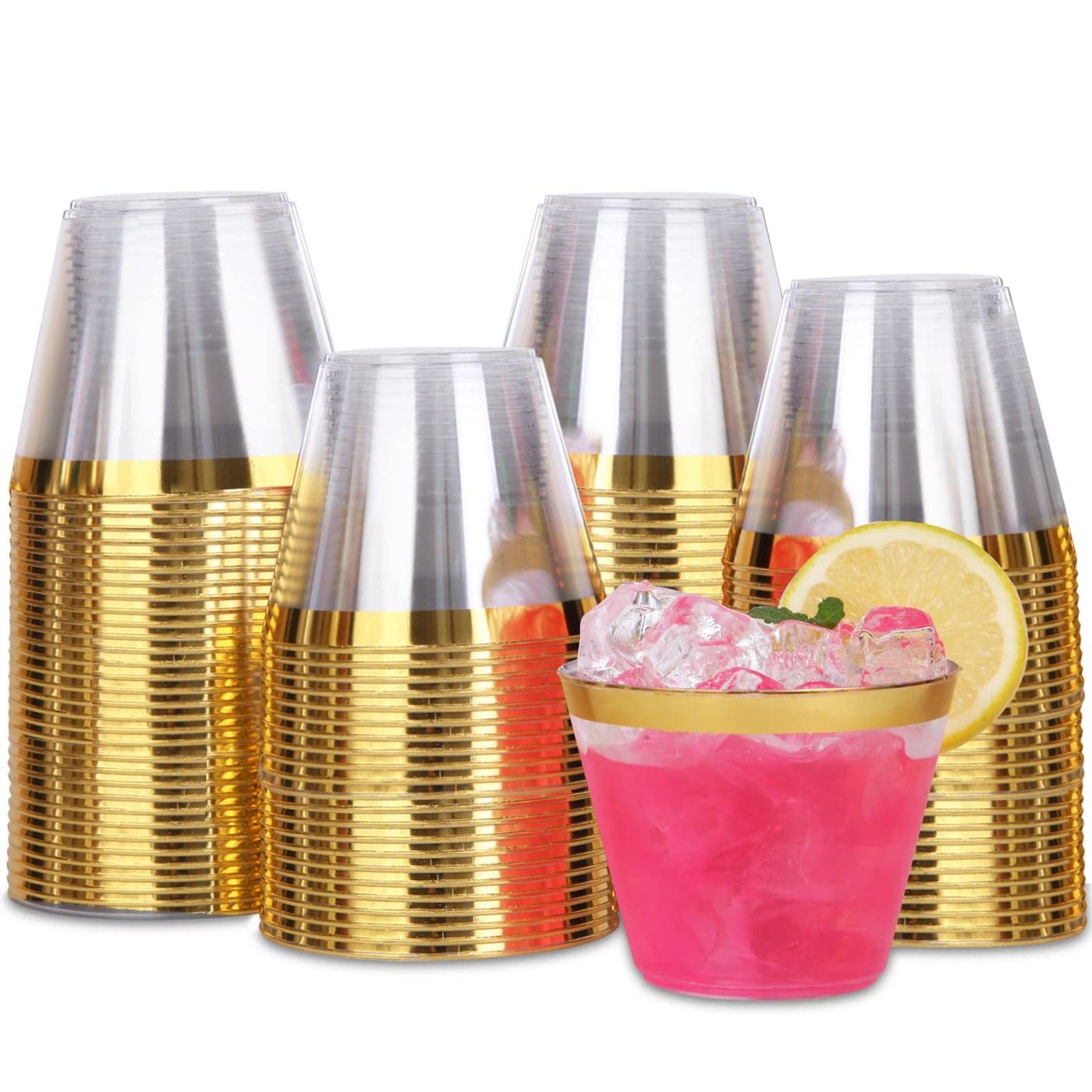 Tobvory 100 Pack Gold Rimmed Plastic Cups 9 oz Hard Clear Disposable Cups For Cocktail And Drinking Food Grade Party Set Sturdy Tumbler Gold Rim