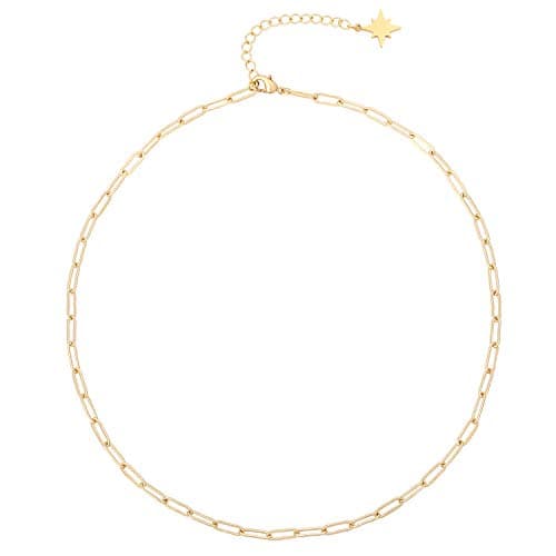 Aobei Pearl 18k Gold Plated Oval Link Chain Choker Paperclip Necklace North Star Charm Short Adjustable Layering Necklace Minimalist Jewelry for Women 16’’