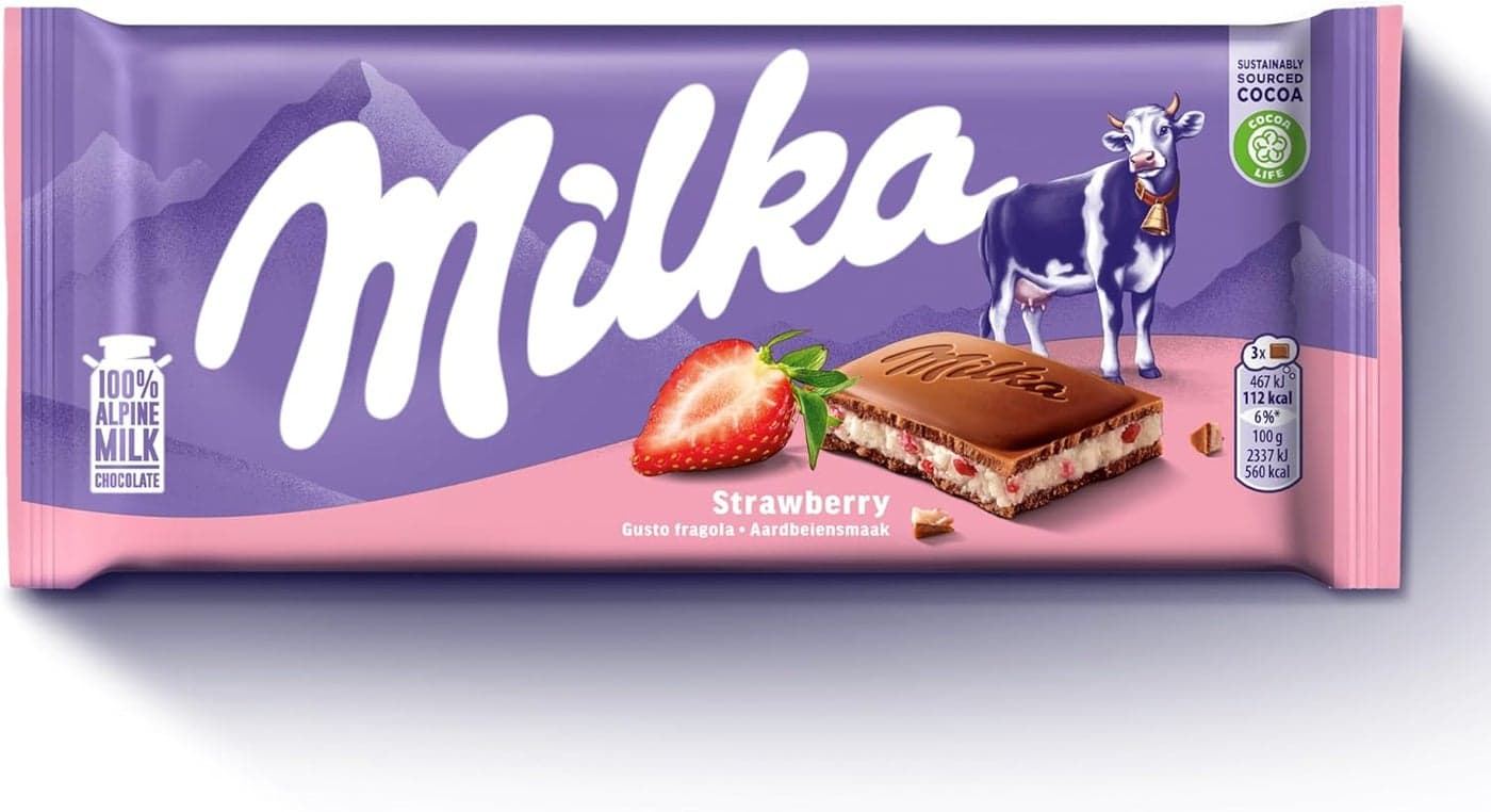 Milka Strawberry Chocolate Bar - 100g of Delicious Alpine Milk Chocolate with Strawberry Filling