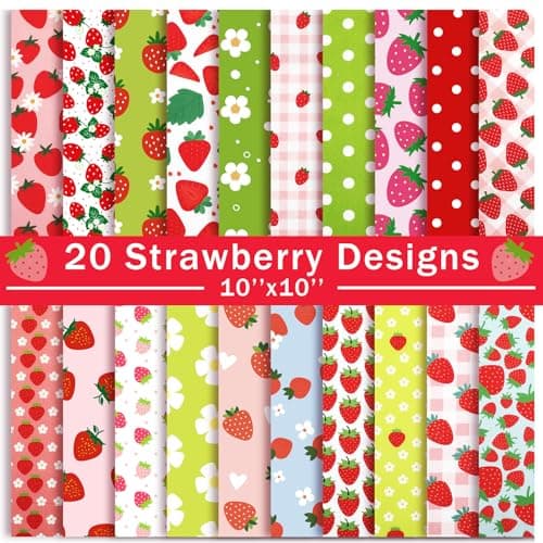 HunnmingRe 20 Pcs 10x10 Strawberry Quilting Fabric Square Strawberries Precuts Quilted Fabric Bundle Flower Plaid Polka Dot Printed Sewing Material for Holiday Patchwork DIY Craft Supplies