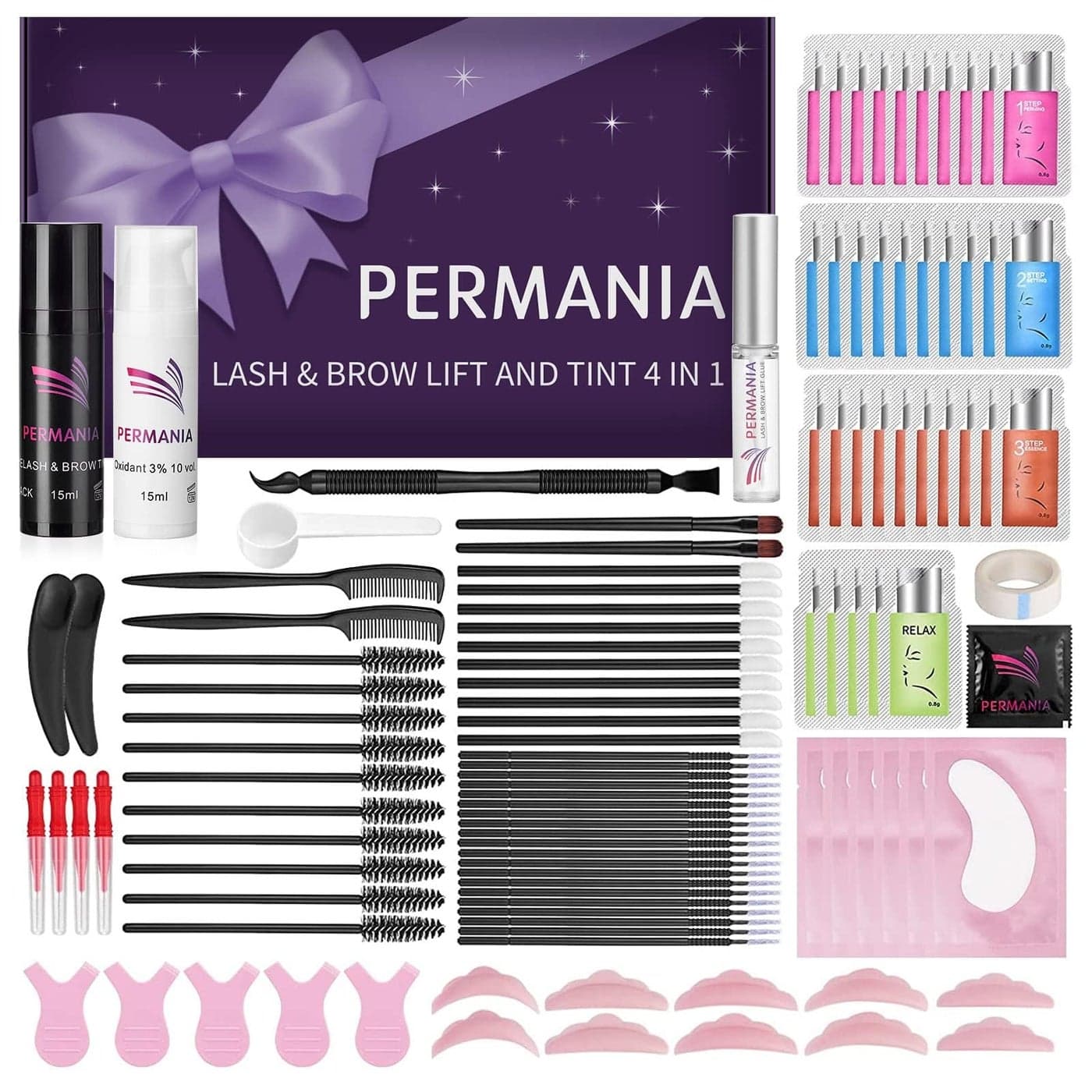 PERMANIA Lash Lift Kit with Black Color Eyelash Brow Lamination 4 IN 1 Black Color Make Lash Perm Voluminous and Curl for Salon HomeBlack