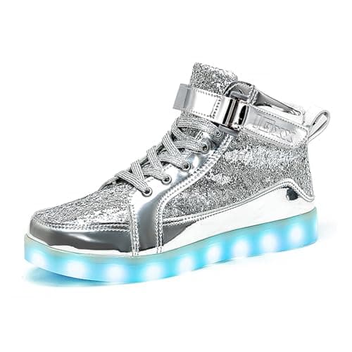 IGxx LED Light Up Shoes for Men USB Recharging High Top Sneakers Women Kids Glitter Silver 8.5