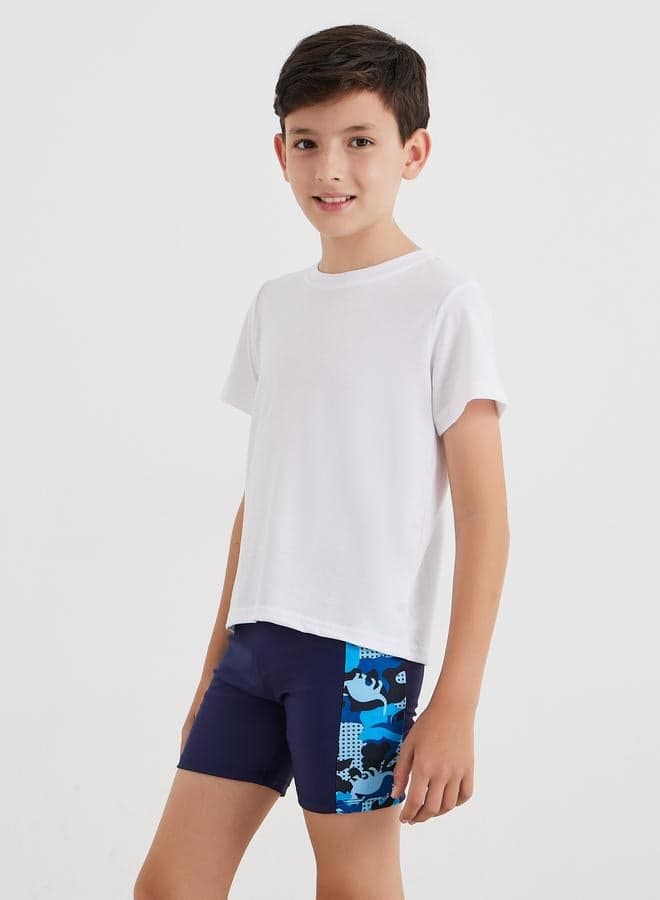 Boys Navy Blue Graphic Swim Trunks