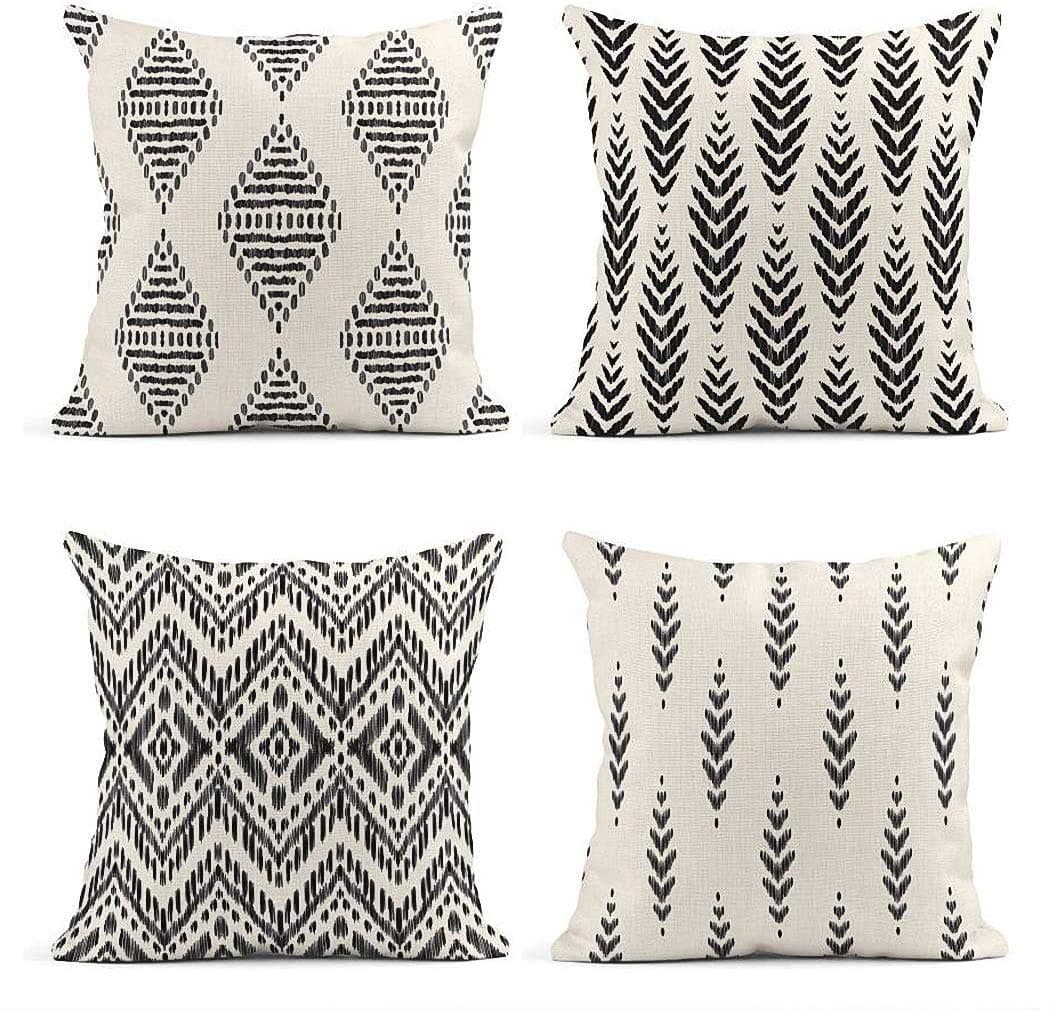 ArtSocket Set of 4 Throw Pillow Covers Ikat Tribal and Boho Bohemian Black Ethnic Herringbone for Ideas Decor Linen Outdoor Pillow Cases Home Decorative Square 26x26 Inches Pillowcases