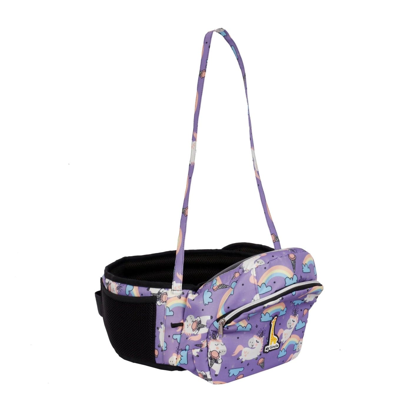 My Giraffe - Hippy Hop - Hip Seat Baby Carrier for 5 Months to 3 Years | Diaper Storage & Phone Pocket | Portable Sling Strap | Ergonomic Seat | Supports Up to 20 kg | Travel-Friendly (Purple Unicorn)