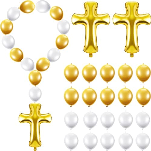Deekin 102 Pieces 12 Inch Latex Link Balloons and 34 Inch Gold Cross Balloon Needle Tail Quick Connect Jumbo Baptism Foil Party for First Communion Baby Shower Decoration