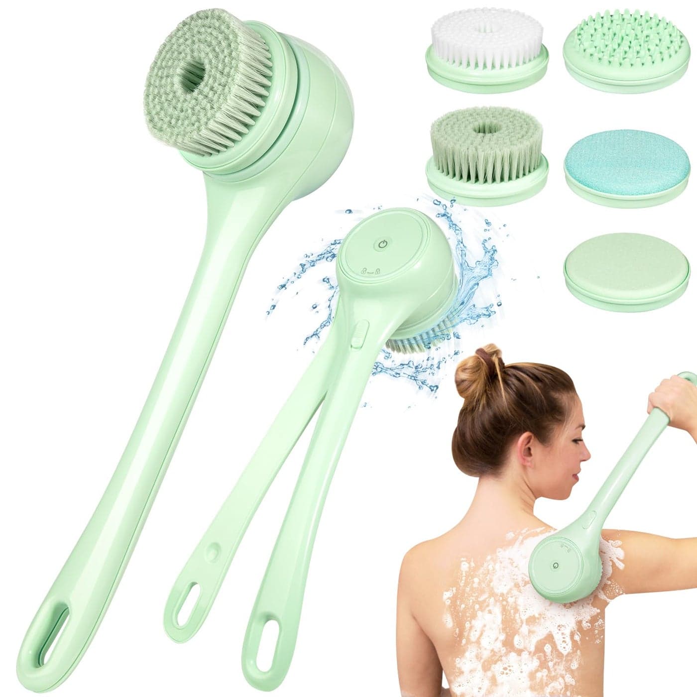 Electric Body Brush Back Scrubber for Shower Auto Spinning Exfoliating Massage Bath Brush Rechargeable Dual Long Handle Deep Cleansing Waterproof Rotating Body Brushes with 5 Brush Heads