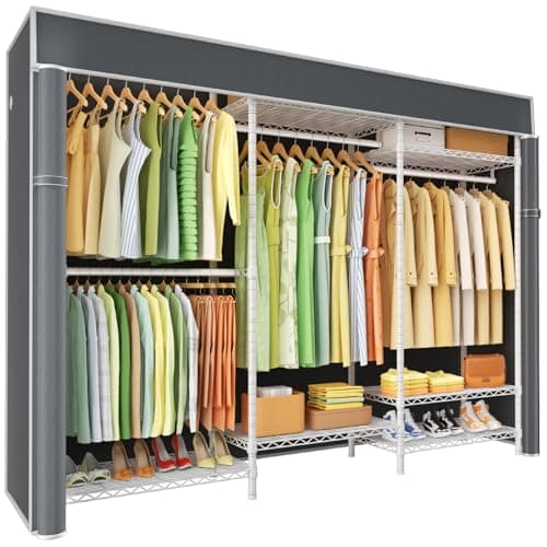 Ulif E13C Heavy Duty Closet Organizer System,Freestanding Clothing Racks for Hanging Clothes,Adjustable Garment Rack 63" W x 16" D x 77" H Hold 960 lbs,White Clothing Rack with Grey Dustproof Cover