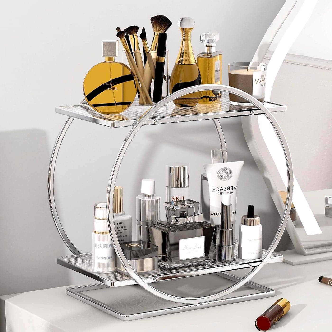 YIWANFW Perfume Organizer for Bedroom Dresser Sliver Makeup Organizers for Vanity 2 Tier Bathroom Countertop Organizer Perfume Tray Skincare Storage Cosmetic Display Rack Make Up Counter Shelf