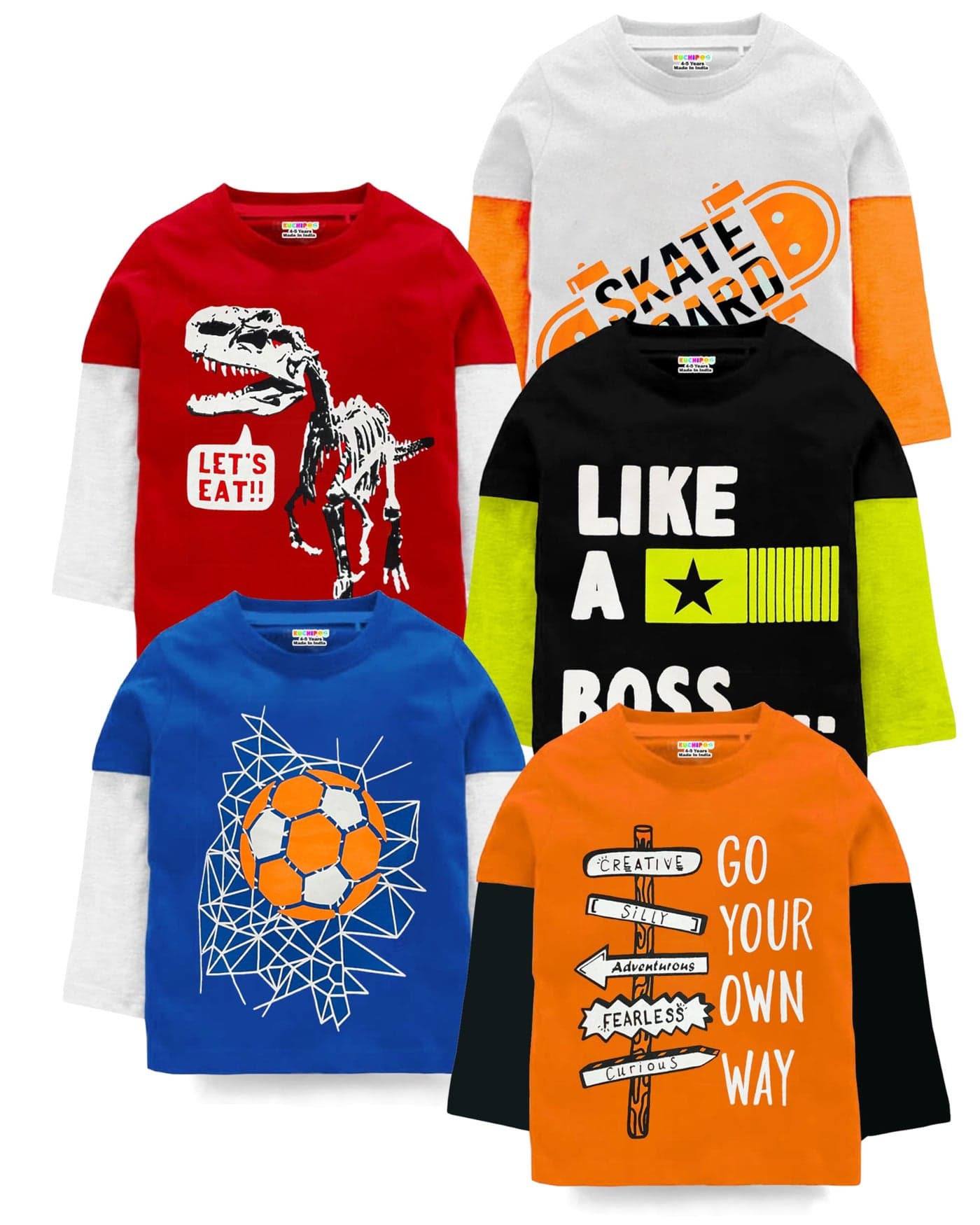 Kuchipoo Boys Regular Fit Full Sleeves Cotton T-Shirts (KUC-TSHRT-511, 4-5 Years, Multi-Colored)