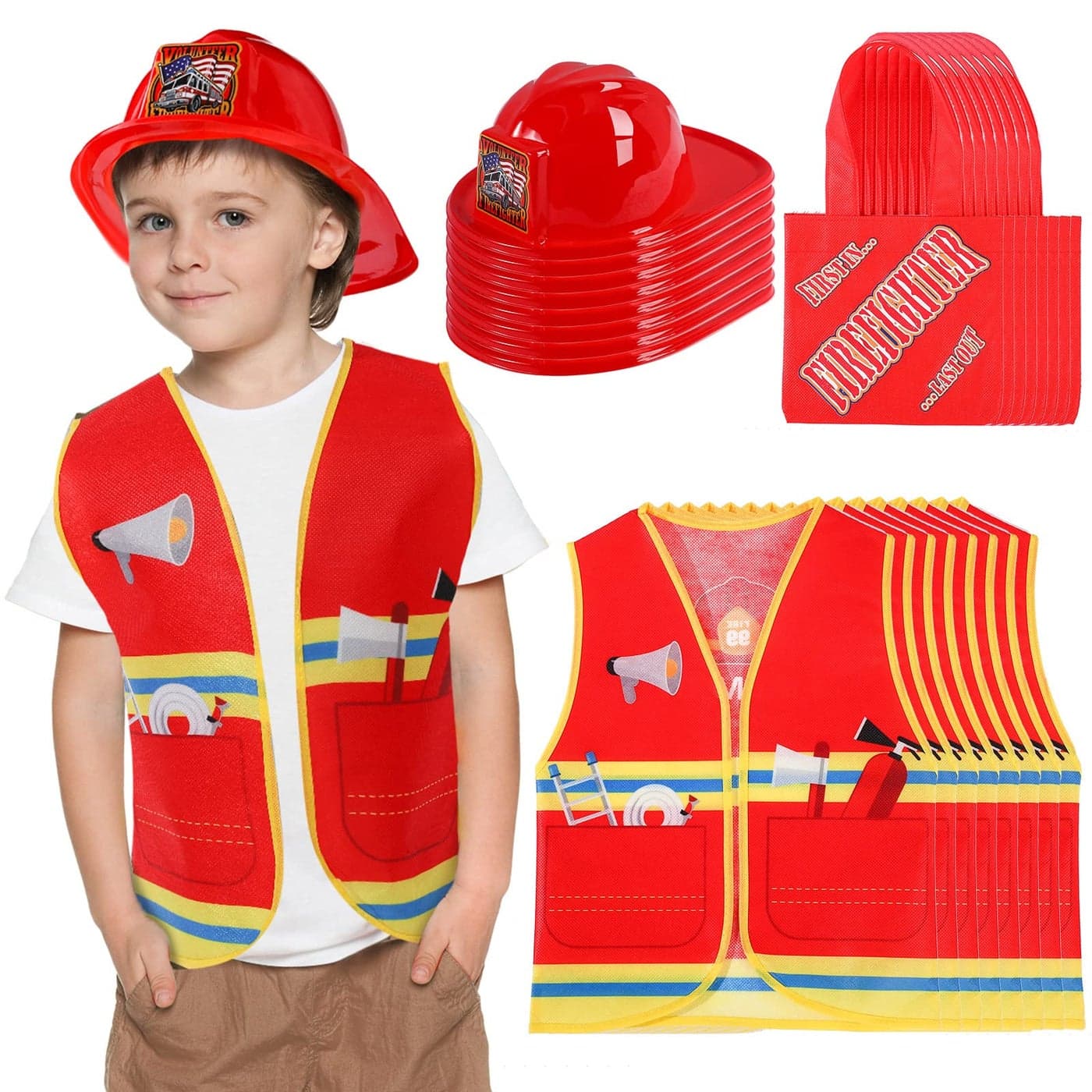Geyoga 24 Pieces Firefighter Costume Set Including 8 Firefighter Hats 8 Vests and 8 Tote Bags Fireman Themed Party Supplies Costume for Kids Boys and Girls Birthday Halloween Dress Party Supplies