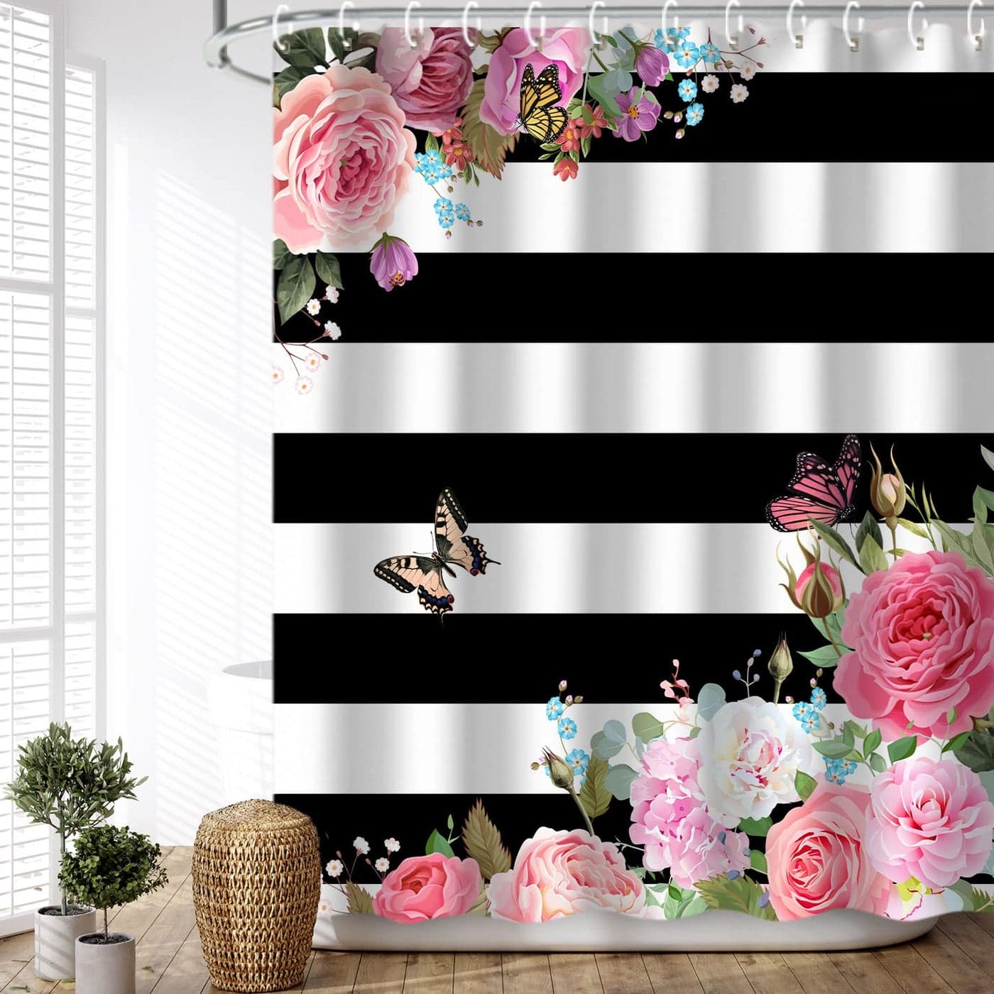 LIVILAN Pink Shower Curtains for Bathroom Floral Shower Curtain Flowers Girly Butterfly Black and White Striped Shower Curtain Set with Hooks 72 W x 72 H Machine Washable