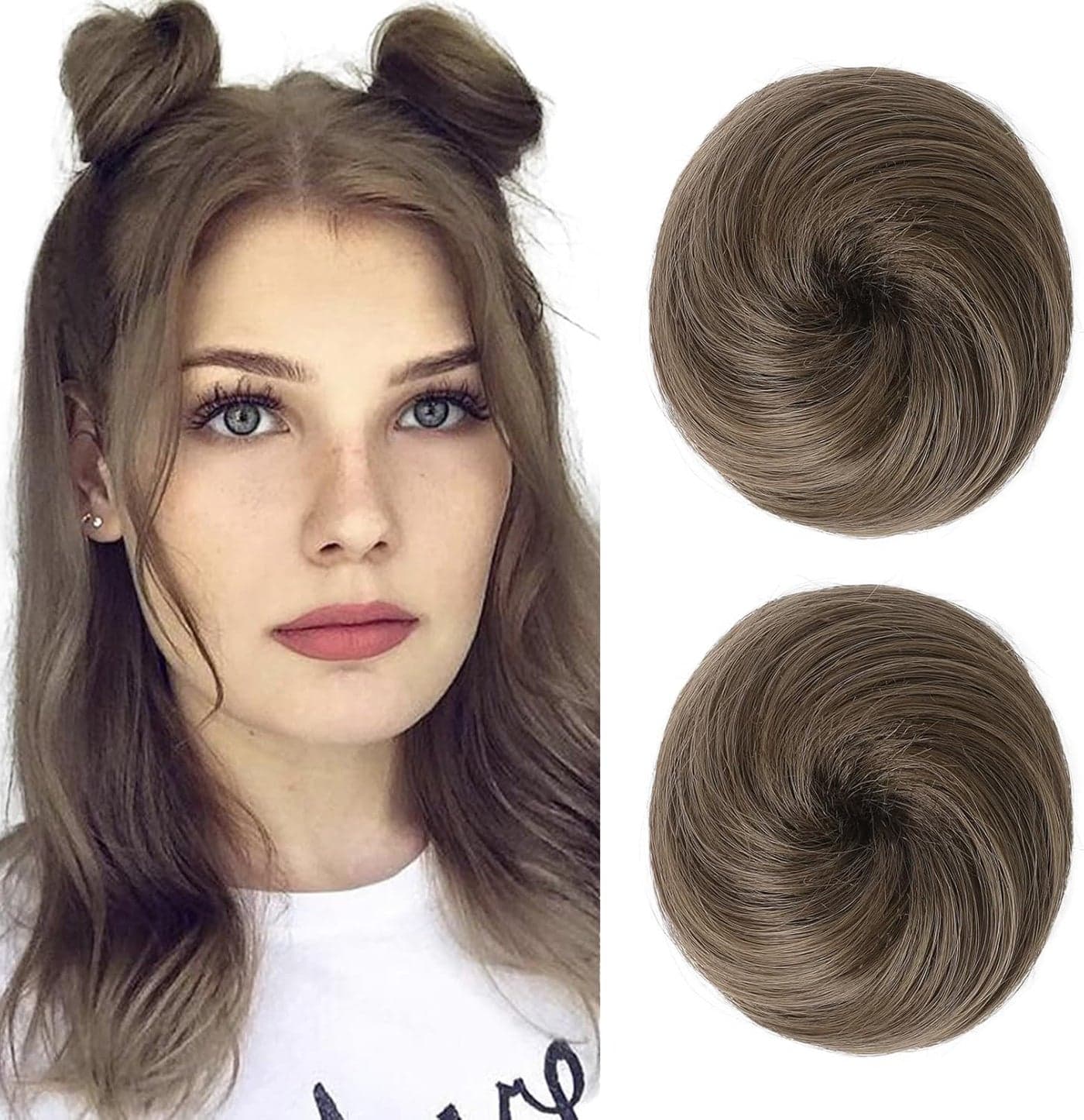 REECHO 2 PCS Mini Claw Clip in Messy Cat Ears Hair Bun Extensions Wig Accessory Updo Hairpieces for Women Girls Pack of 23 Straight Ash Light Brown