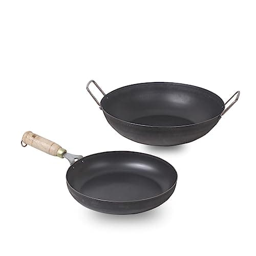 The Indus Valley Pre-Seasoned Iron Cookware Set | Fry Pan (24.7 cm/1.5L) + Kadai (24.6 cm/2.7L) | Kitchen Cooking Combo Pots and Pans Set of 2Pcs | Naturally Nonstick