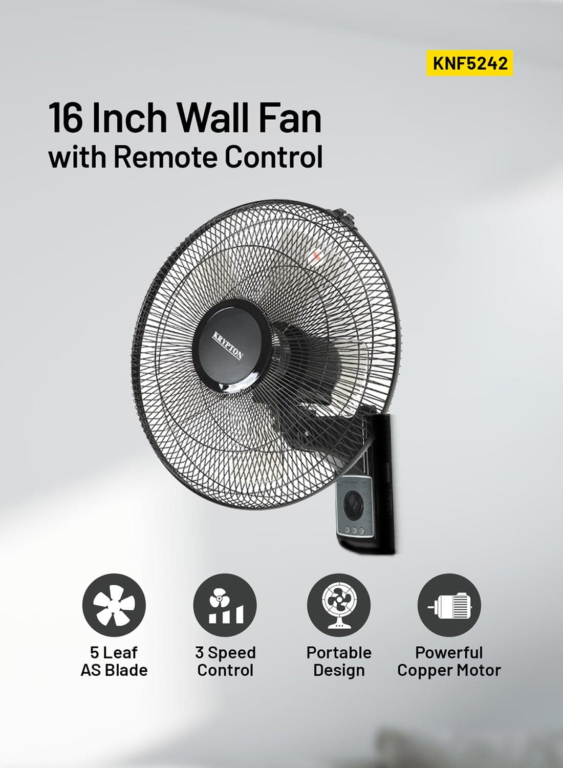 16 Inch Wall Mount Fan With Remote 60 W KNF5242 Black
