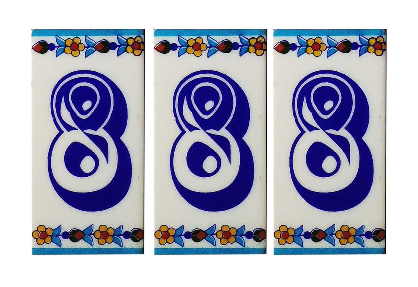 Shiv Kripa Blue Art Pottery Ceramic Decorative 8 Number Multicolour Tile 2 x 4 inch Pack of 3 Tiles