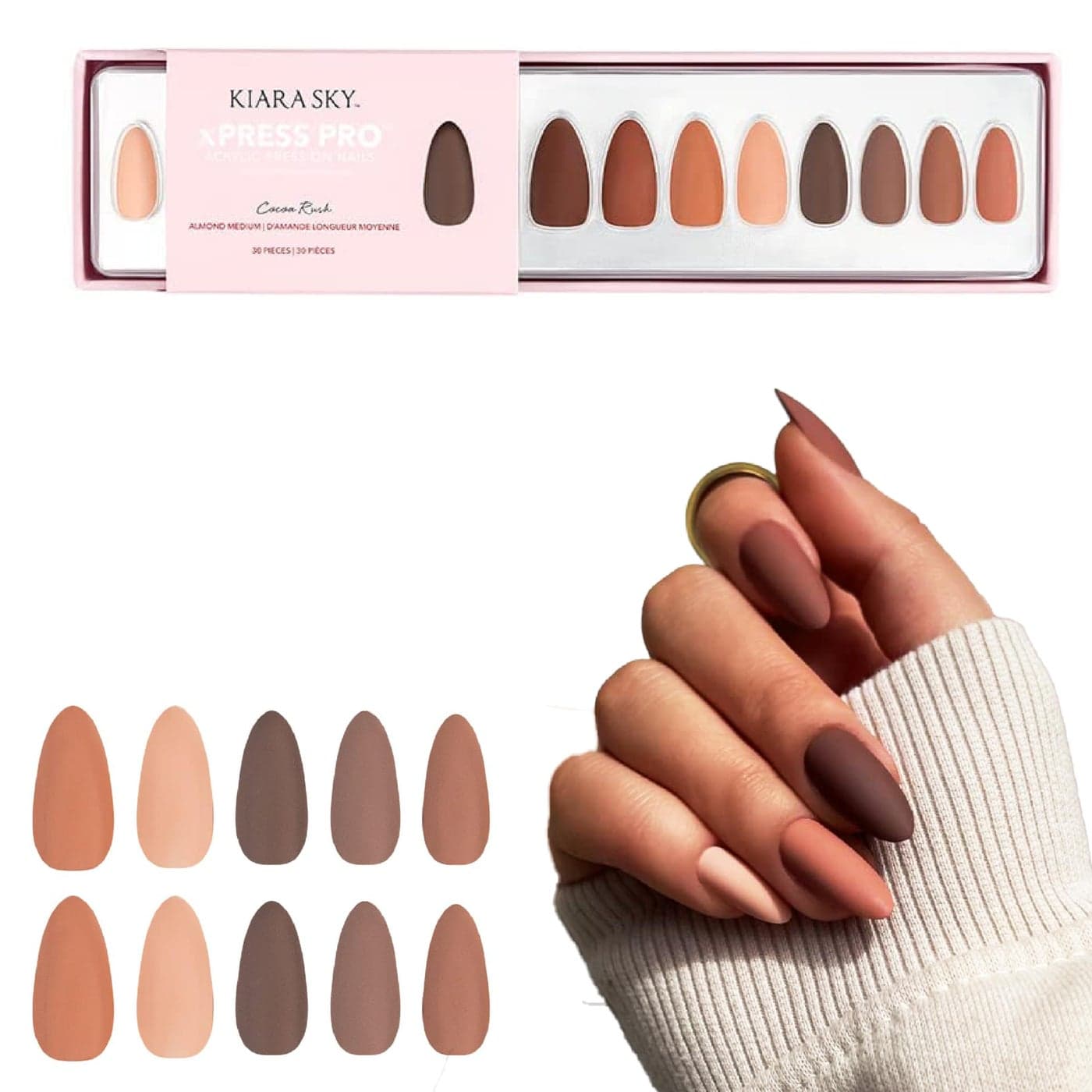 Kiara Sky Press On Nails XPRESS PRO 100 Acrylic Nails 30Piece Kit Includes Nail Glue Cuticle Pusher File Prep Pad Almond Medium Cocoa Rush