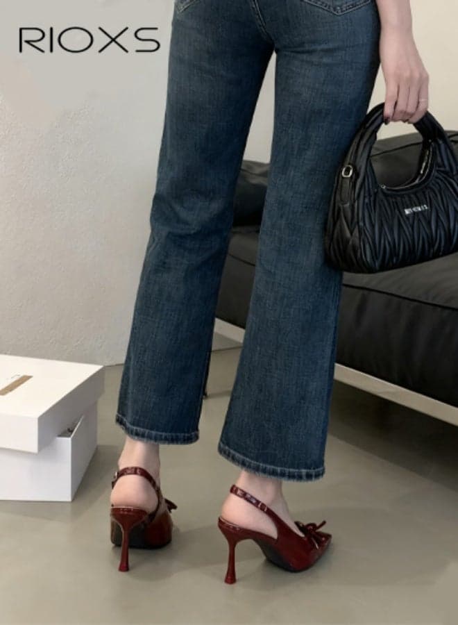 Women's Slingback Heels, Fashion Stiletto Heel Pumps Sandals with Bow Detail, Thin Heel Dress Shoes, Closed Pointed Toe Sandals, Ladies Strap Dressy Sandals, Comfort Heeled Sandals, Wine Red Summer Party Shoes