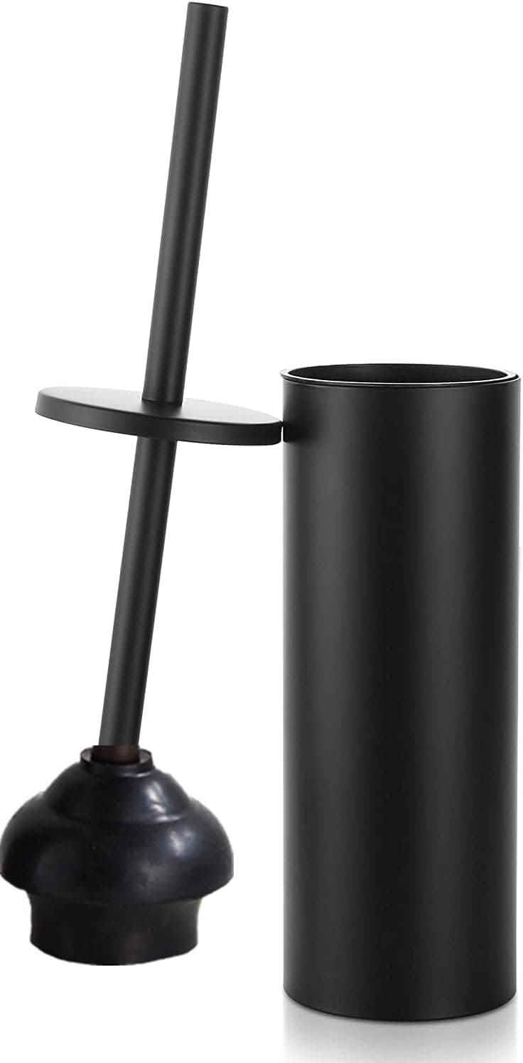 Black Toilet Plunger with Holder Bathroom Metal Canister Holder Drip Cup Heavy Duty Deep Cleaning