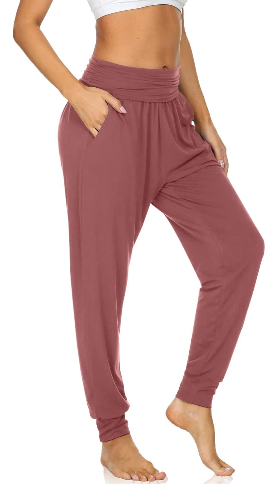 UEU Women's High Waist Casual Yoga Joggers Pants Loose Fitting Sweats Workout Lounge Fitness Exercise Pants with Pockets(Rust Red, L)