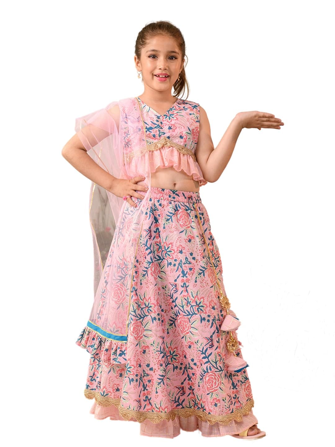 Pspeaches Girls Printed Ready To Wear Pink & Blue Lehenga Blouse With Dupatta