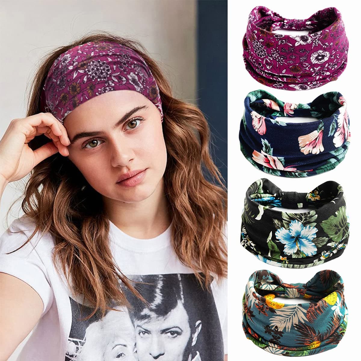 Proberos Wide Headbands for Women Boho Bandeau Head Bands Workout Head Wraps Stretch No Slip Hair Wraps Pack of 4 Flower