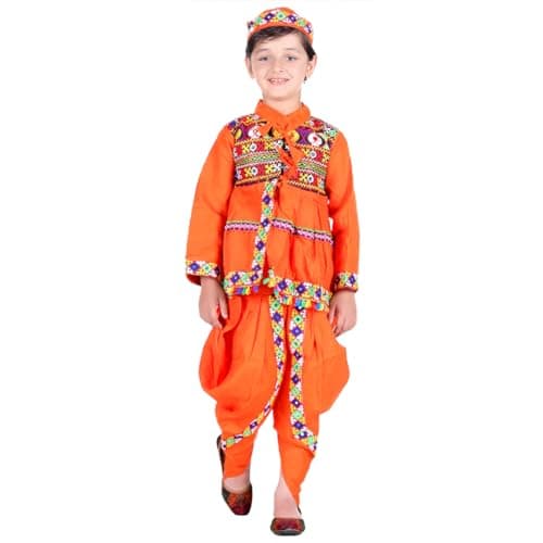 ITSMYCOSTUME Gujrati Kedia Dress For Boys Kids Navratri Garba Angrakha Dhoti Set (Material : Cotton), Orange