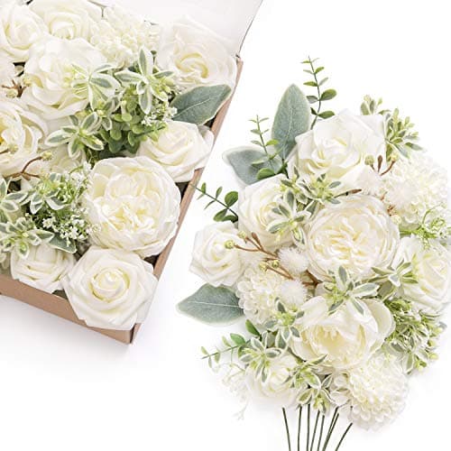 Lings Moment White Flowers Artificial Ivory Fake Flowers and Greenery Combo for DIY Wedding Bridal Bouquet Corsage Boutonniere Centerpieces Floral Arrangement Decor etc