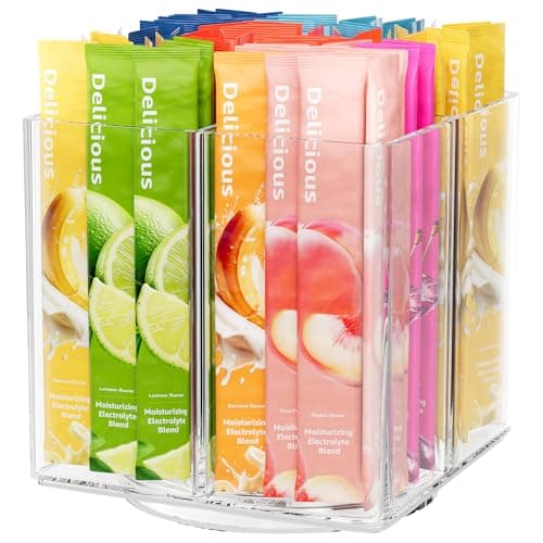 Drink Packet Organizer, Rotating Turntable Organizer with 4 Compartments, Clear Lazy Susan for Powdered Drink Mix, Water Flavor Packets, Coffee, Tea – Space-Saving Countertop Organizer