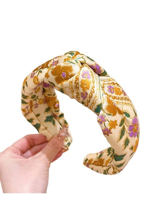 Fashion Women Knotted Jeweled Headband Crystal Embellished Mixed Top Hairband ladies Twist Nylon Hair Accessories for Girls (Print - Khaki)