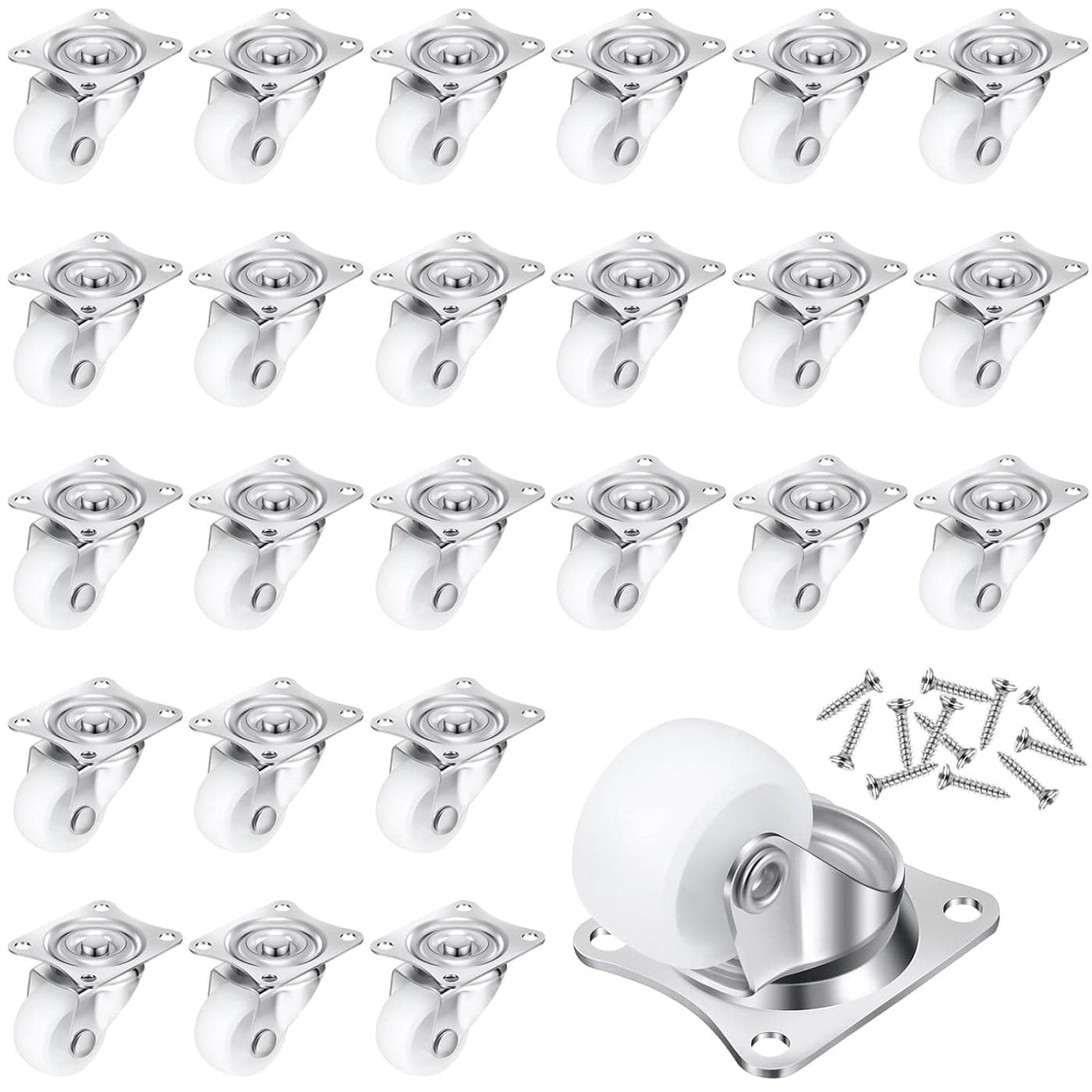 Maitys 24 Pcs 1 Small Caster Wheels Heavy Duty Rigid Swivel Casters with 360 Degree Metal Top Plate Plastic No Noise Low Profile Rectangle Wheels for Furniture Appliances Each 22 lb Load Capacity